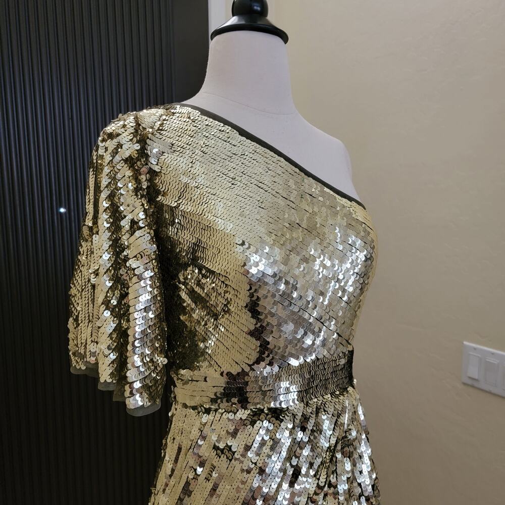 Mac Duggal 93540 Gold One Shoulder Sequin Evening Gown Maxi Dress Size 2 - Picture 4 of 11
